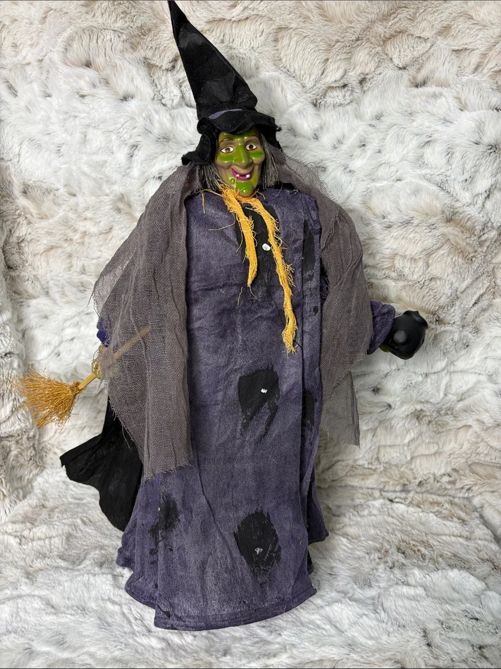 Purple Witch Halloween Decor with Green Mask and Black Hat